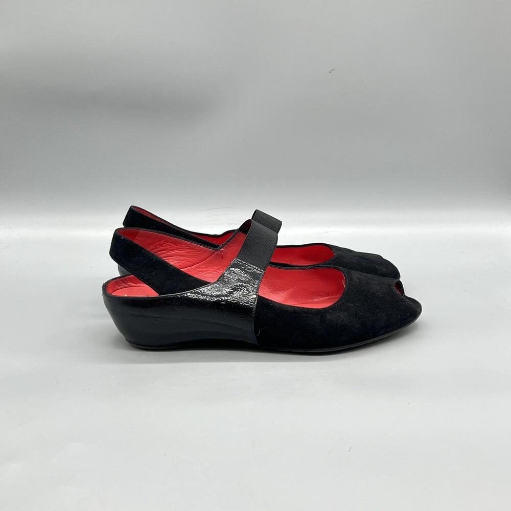 Pas De Rouge Sandals Womens 8 Black Suede Slingback Peep Toe Wedge Casual Shoes